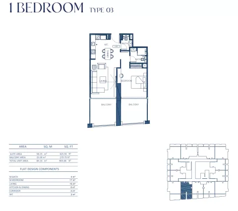 Floor plan, 1 Bed, 905 sq ft