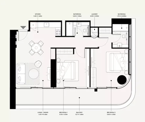 Floor plan, 2 Beds, 933 sq ft