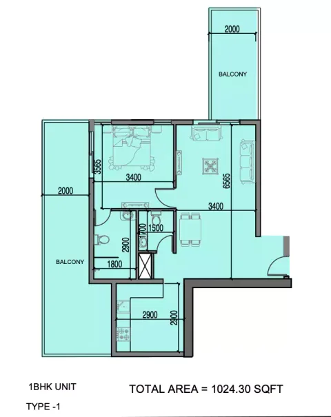 Floor plan, 1 Bed, 1,024 sq ft