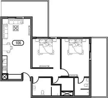 Floor plan, 2 Beds, 1,099 sq ft