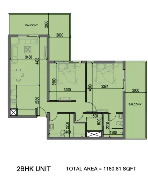 Floor plan, 2 Beds, 1,181 sq ft
