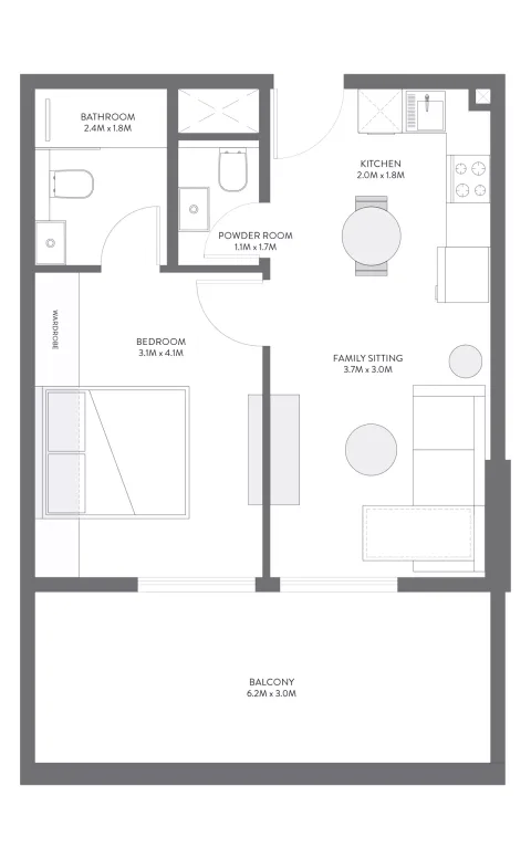 Floor plan, 1 Bed, 728 sq ft