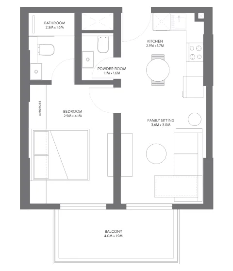 Floor plan, 1 Bed, 599 sq ft