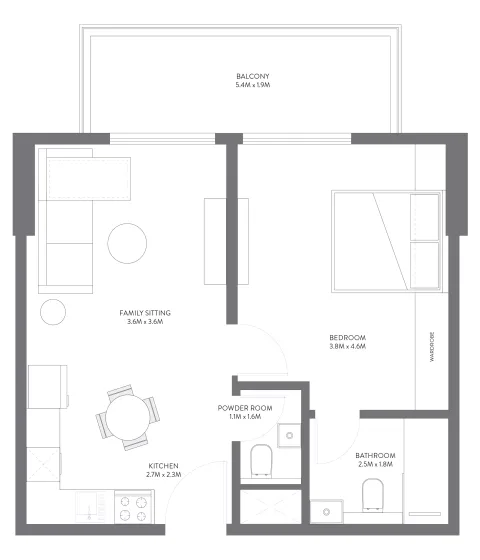 Floor plan, 1 Bed, 734 sq ft