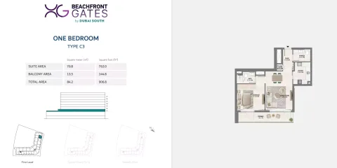 Floor plan, 1 Bed, 906 sq ft