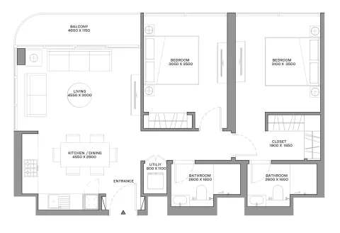 Floor plan, 2 Beds, 875 sq ft