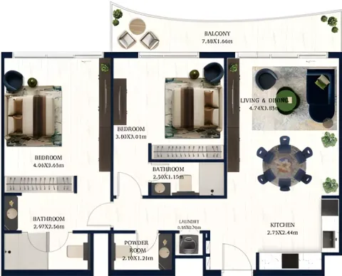 Floor plan, 2 Beds, 1,011 sq ft