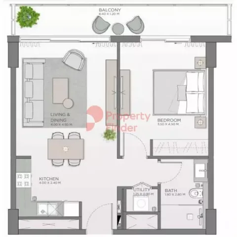 Floor plan, 1 Bed, 728 sq ft