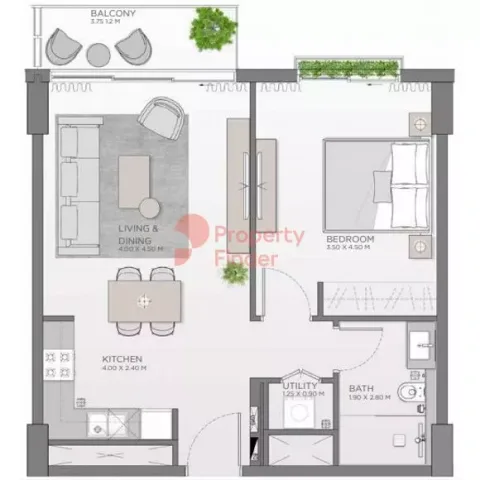 Floor plan, 1 Bed, 672 sq ft