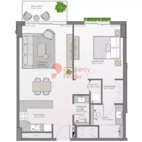 Floor plan, 1 Bed, 833 sq ft