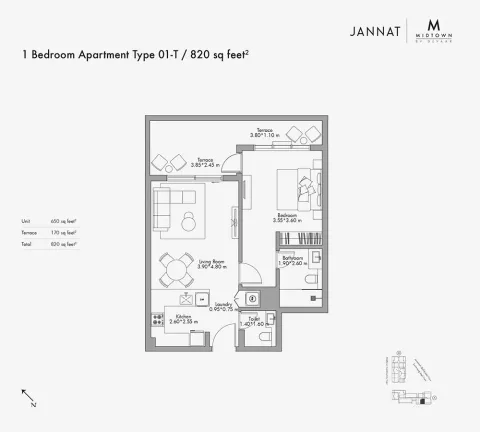 Floor plan, 1 Bed, 820 sq ft