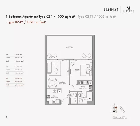 Floor plan, 1 Bed, 1,000 sq ft