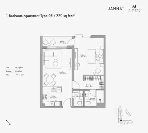 Floor plan, 1 Bed, 770 sq ft