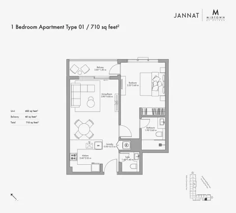 Floor plan, 1 Bed, 710 sq ft