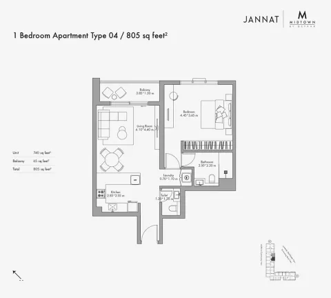 Floor plan, 1 Bed, 805 sq ft