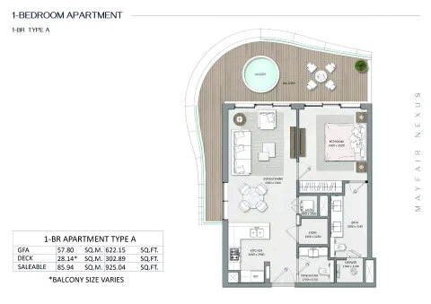 Floor plan, 1 Bed, 925 sq ft