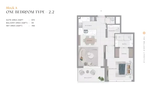 Floor plan, 1 Bed, 766 sq ft