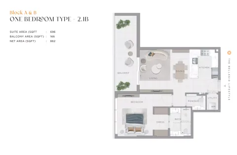 Floor plan, 1 Bed, 862 sq ft