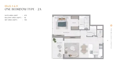 Floor plan, 1 Bed, 764 sq ft