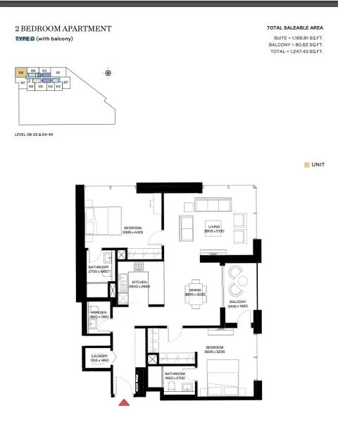 Floor plan, 2 Beds, 1,247 sq ft