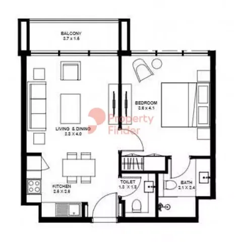 Floor plan, 1 Bed, 631 sq ft