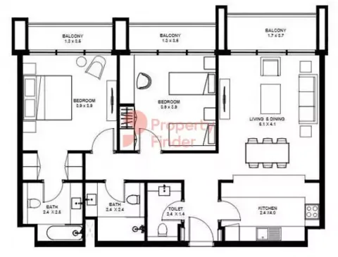Floor plan, 2 Beds, 1,208 sq ft