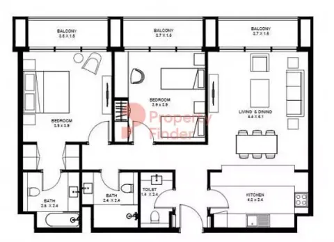 Floor plan, 2 Beds, 1,238 sq ft
