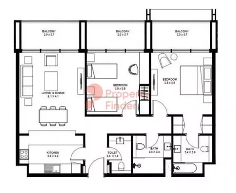 Floor plan, 2 Beds, 1,283 sq ft