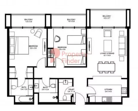 Floor plan, 2 Beds, 1,240 sq ft