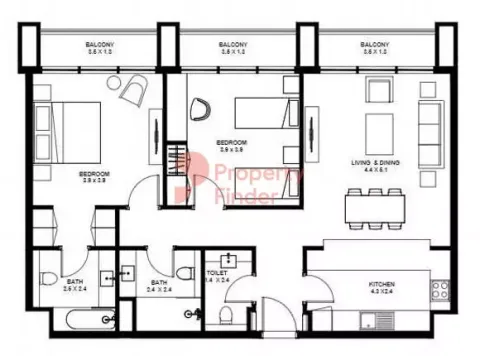Floor plan, 2 Beds, 1,213 sq ft