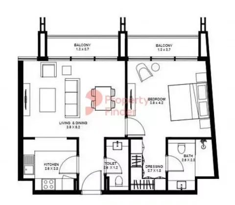 Floor plan, 1 Bed, 832 sq ft