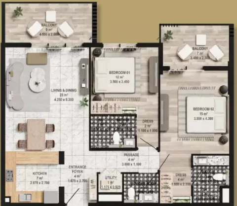 Floor plan, 2 Beds, 1,192 sq ft