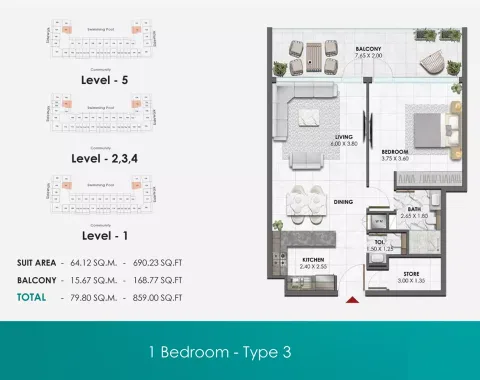 Floor plan, 1 Bed, 859 sq ft