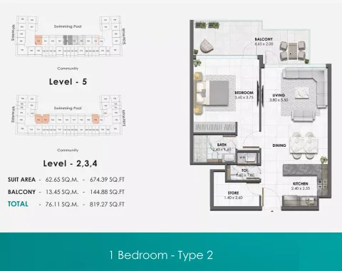 Floor plan, 1 Bed, 819 sq ft