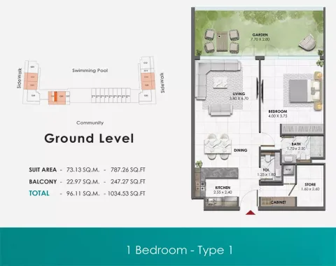 Floor plan, 1 Bed, 1,034 sq ft