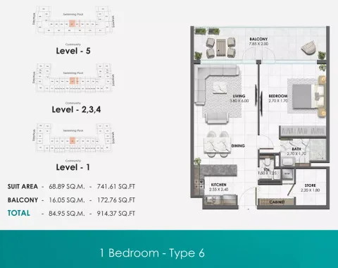 Floor plan, 1 Bed, 914 sq ft