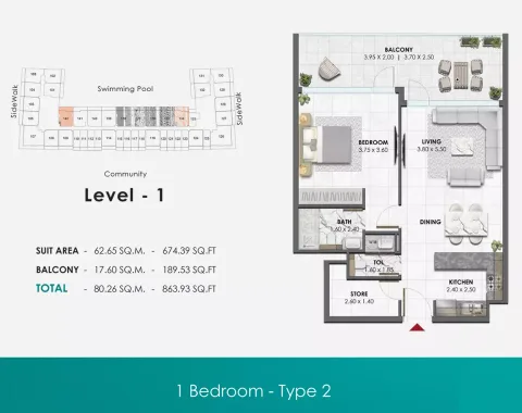 Floor plan, 1 Bed, 863 sq ft