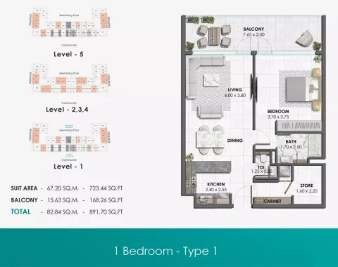 Floor plan, 1 Bed, 891 sq ft