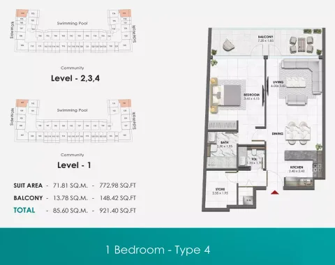 Floor plan, 1 Bed, 921 sq ft
