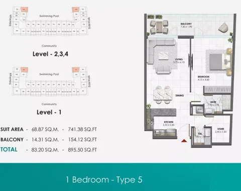 Floor plan, 1 Bed, 895 sq ft