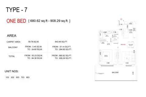 Floor plan, 1 Bed, 908 sq ft