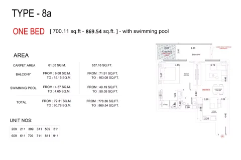 Floor plan, 1 Bed, 869 sq ft