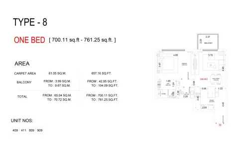 Floor plan, 1 Bed, 761 sq ft