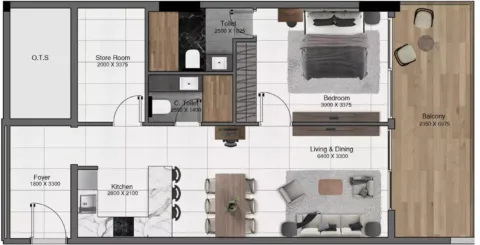 Floor plan, 1 Bed, 956 sq ft