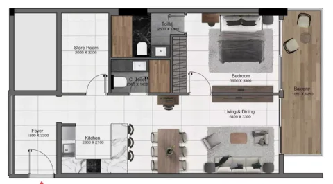Floor plan, 1 Bed, 888 sq ft