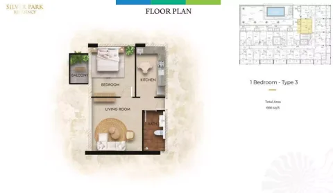 Floor plan, 1 Bed, 666 sq ft