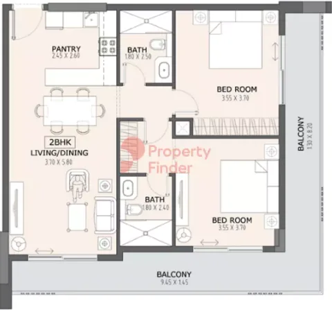 Floor plan, 2 Beds, 1,130 sq ft