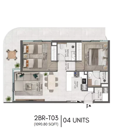 Floor plan, 2 Beds, 1,090 sq ft