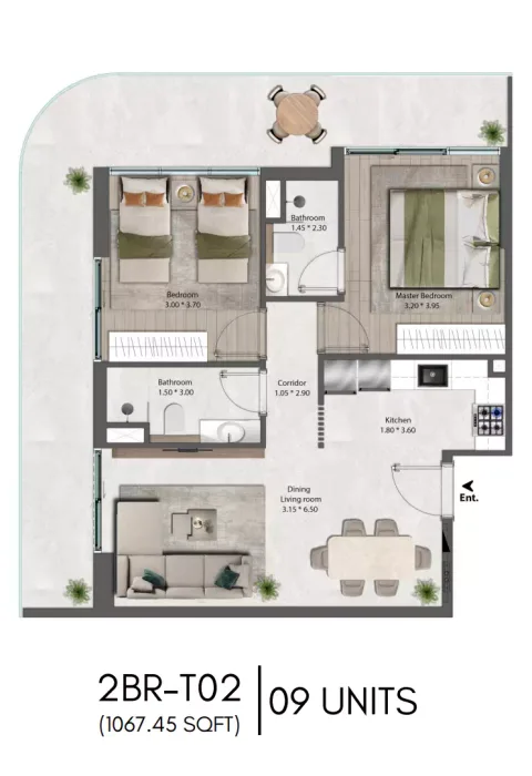 Floor plan, 2 Beds, 1,067 sq ft