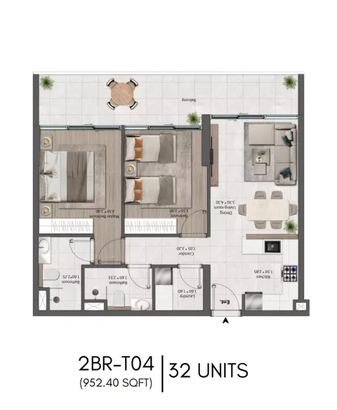 Floor plan, 2 Beds, 952 sq ft